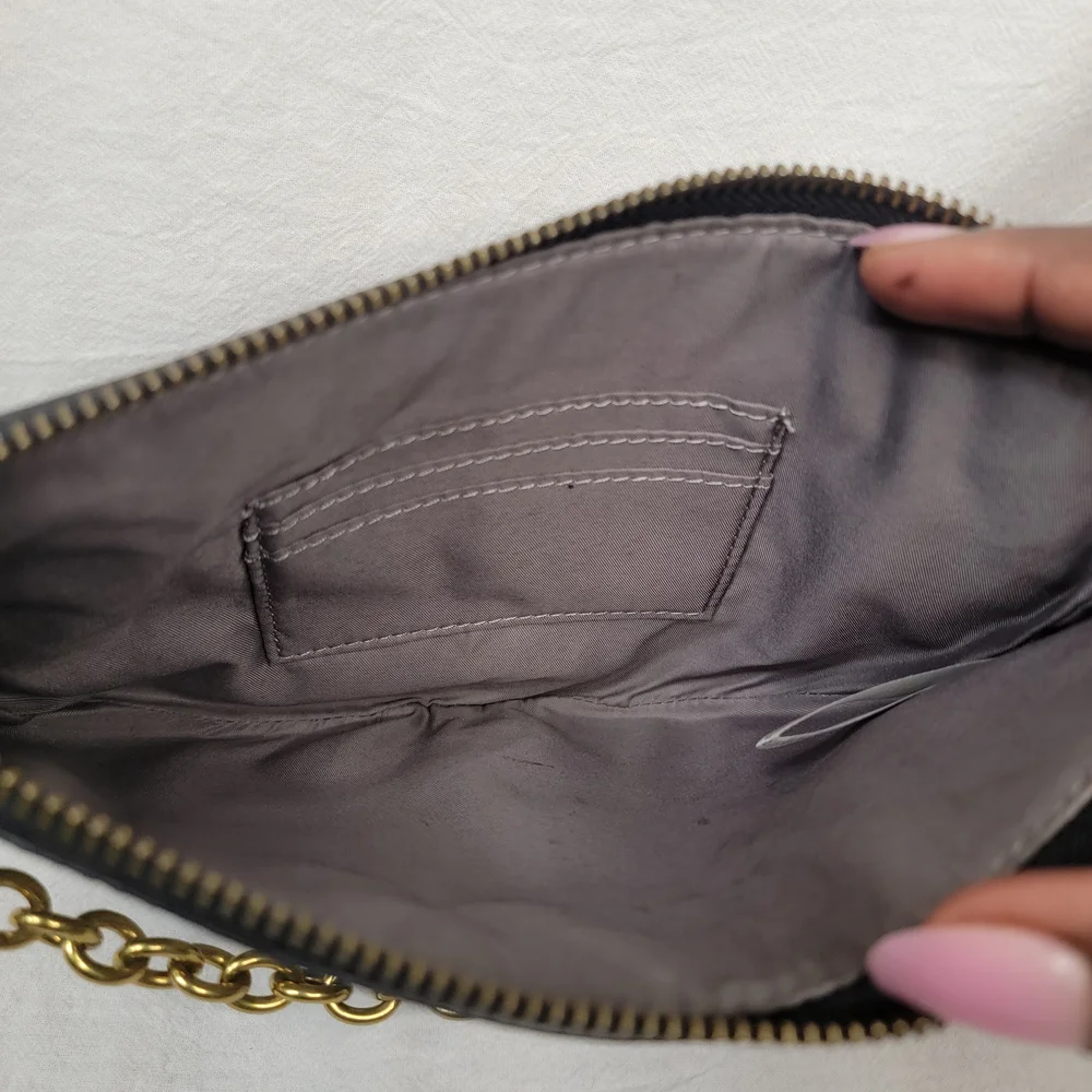 Fossil Gray Snakeskin Print Half Moon Clutch Bag Shoulder Purse Gold Chain MCM - Picture 9 of 9